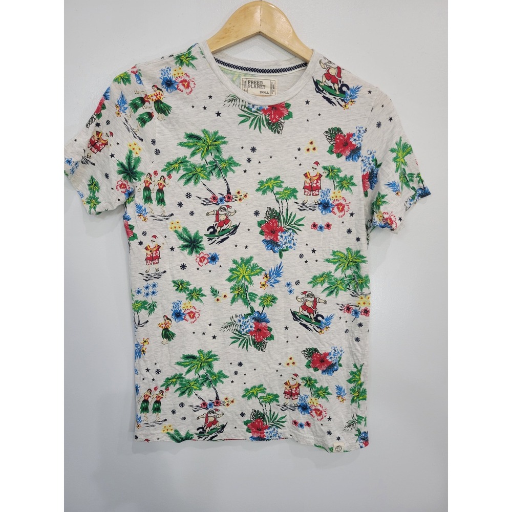 Free Planet Short Sleeve Tropical Print Tee - White, Green, Red, Blue